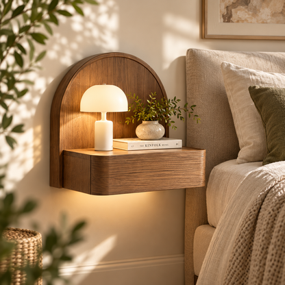 Modern Walnut Floating Nightstand with Arched Back Panel