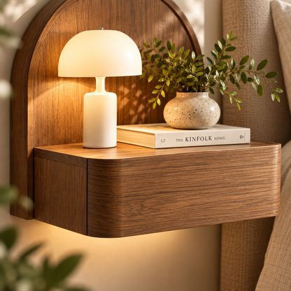Modern Walnut Floating Nightstand with Arched Back Panel