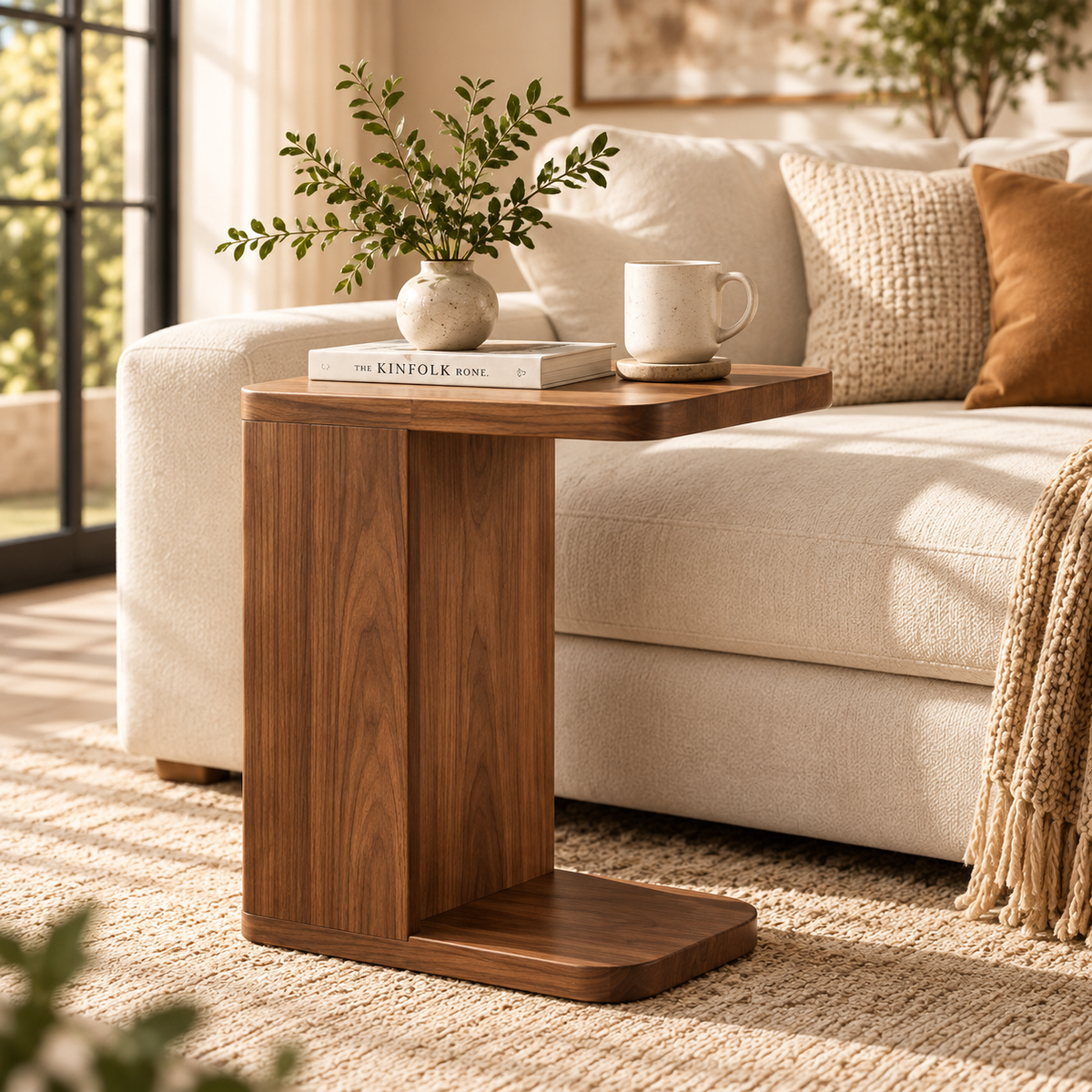 Modern Walnut C-Shaped End Table