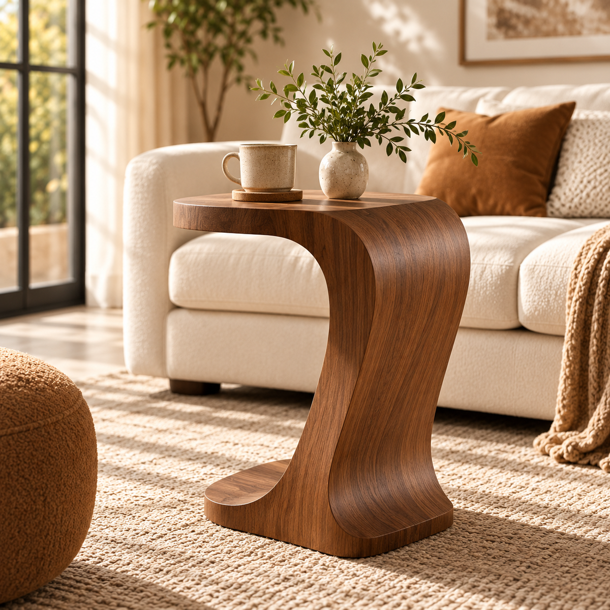 Sculptural Walnut C-Shaped Side Table