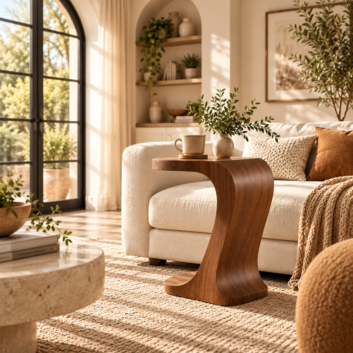 Sculptural Walnut C-Shaped Side Table