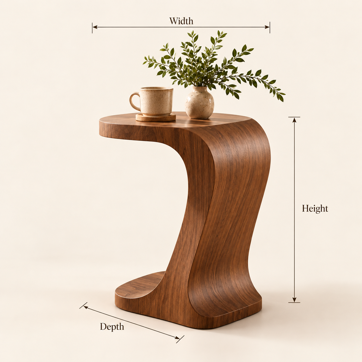Sculptural Walnut C-Shaped Side Table